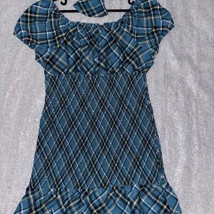 Blue Plaid Off-Shoulder Dress with Face Mask